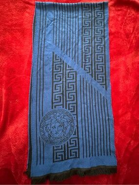 Versace Scarf Blue Black Wool Signature Medusa